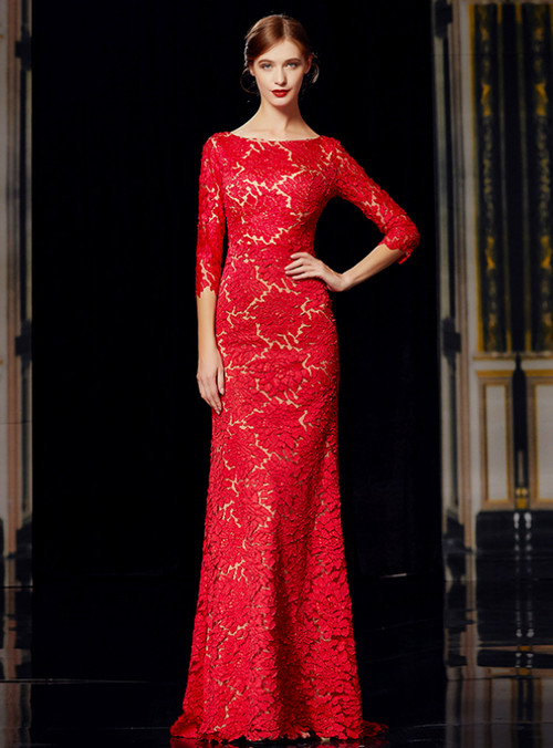 Red Mermaid Lace 3/4 Sleeve Bateau Long Mother Of The Bride Dress