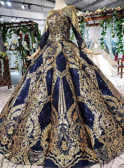 Navy Blue Sequins And Gold Sequins Long Sleeve Hand Beading Crystal ...