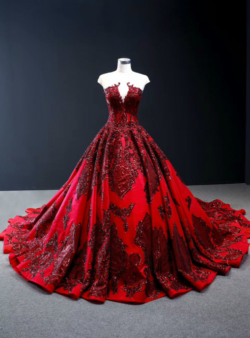 Burgundy 3/4 Sleeves Ball Gowns Satin Sweep Train Prom Dresses LBQ1691