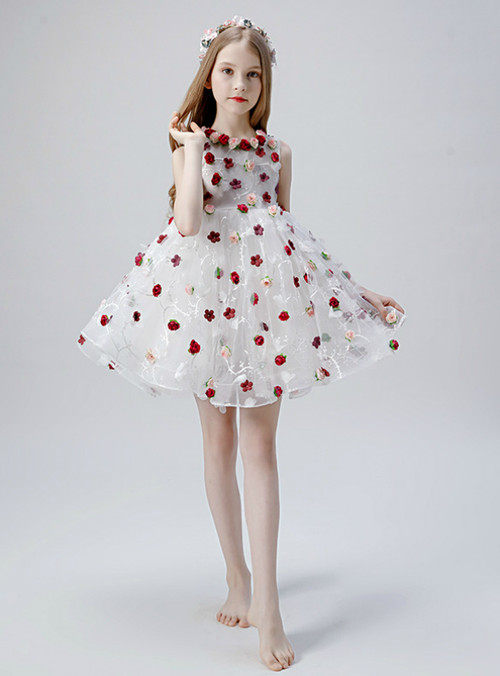 A-Line Flower Girl Dress with 3D Butterfly Accents White