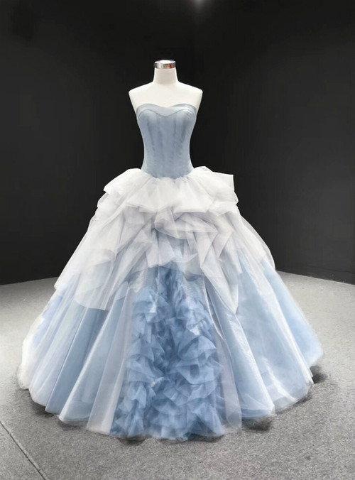 Blue Ball Gown Tulle Sweetheart Sleevelss Princess Prom Dress