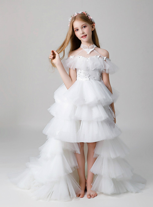 Floral High Low Flowergirl Dress - White