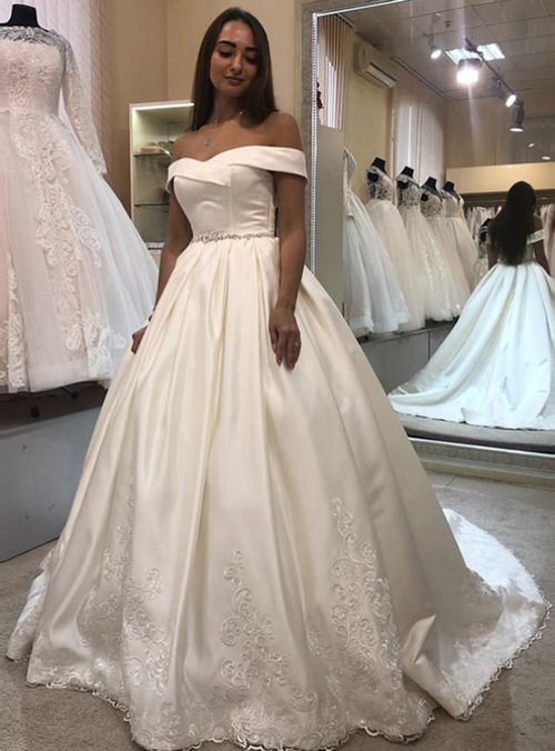 White Ball Gown Satin Off the Shoulder Appliques Wedding Dress With Beading