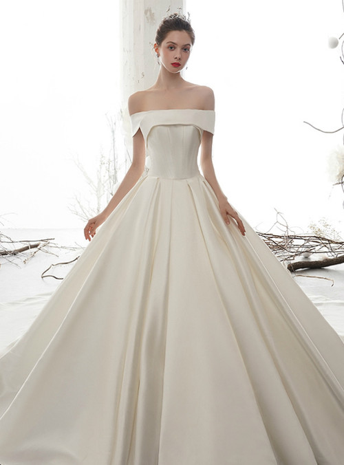 Simple White Ball Gown Satin Off the Shoulder Wedding Dress With Long Train