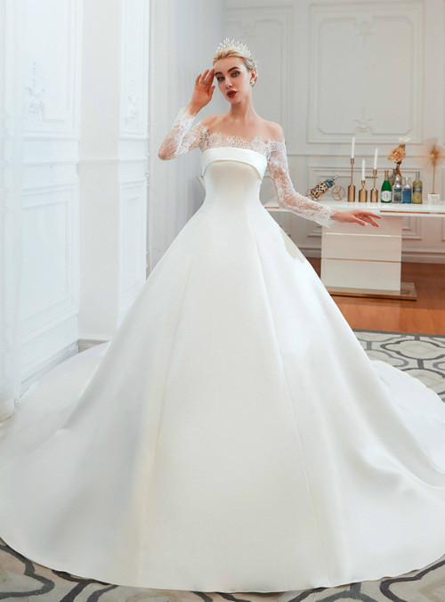 White Ball Gown Satin Lace Off the Shoulder Long Sleeve Wedding Dress