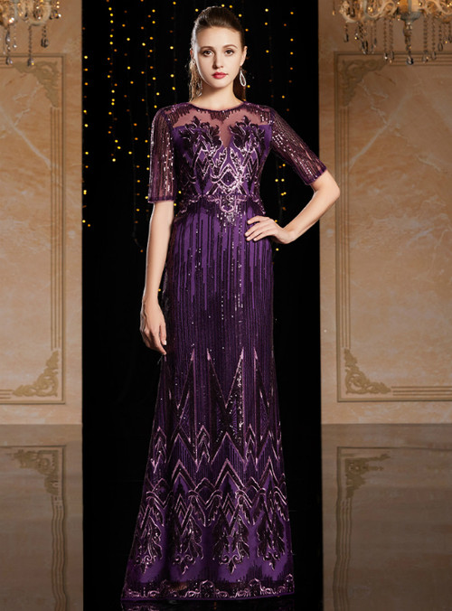 A-Line Purple Sequins Short Sleeve Mother Of The Bride Dress