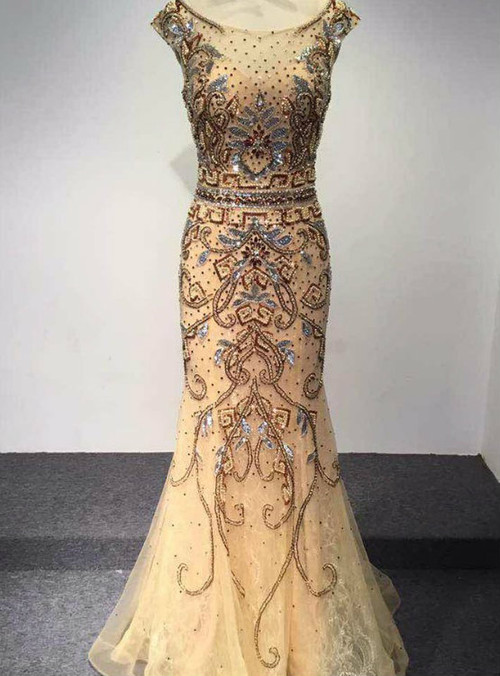 New Fashion Dubai Arabic Luxury Mermaid Prom Dress Beaded Crystal O-Neck