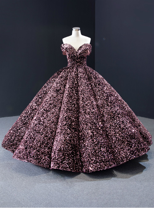 Gorgeous Ball Gown Off the Shoulder Pink Black Sequins Tiered Prom Dresses VK130601 main image 0