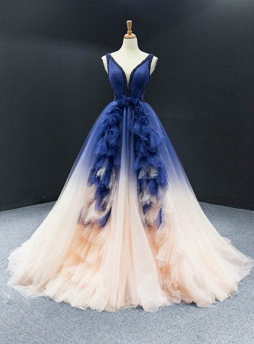 Dark Blue And Champagne Tulle V-neck Backless Beading Prom Dress