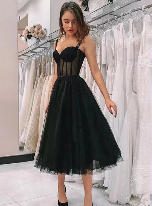 A-Line Black Tulle Straps Sweetheart Tea Length Prom Dress