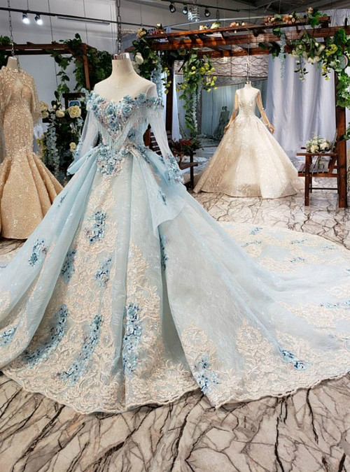 Blue Ball Gown Tulle Lace Appliques Long Sleeve Wedding Dress With Long ...