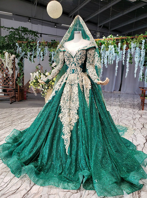 Green Ball Gown Sequins Lace Appliques Off the Shoulder Wedding ...