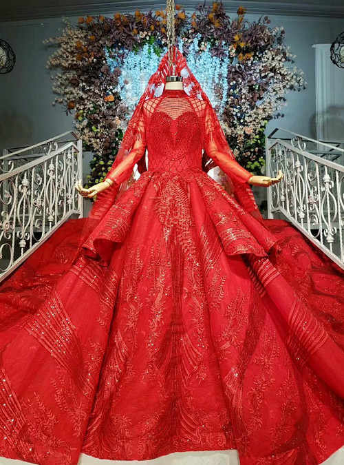 Red Ball Gown Tulle Sequins Appliques High Neck Long Sleeve Wedding Dress