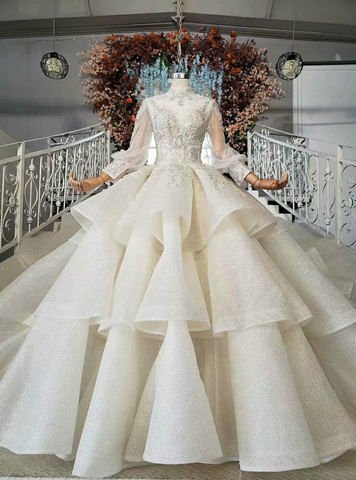 Champagne Ball Gown Sequins High Neck Long Sleeve Backless Wedding ...