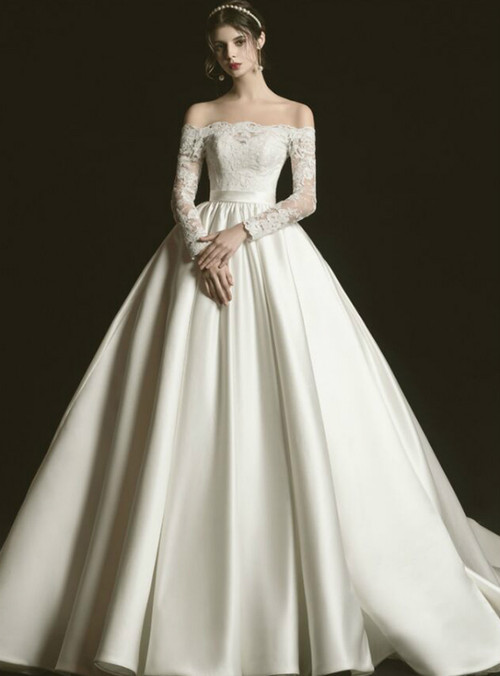 Ivory White Satin Lace Off the Shoulder Long Sleeve Wedding Dress