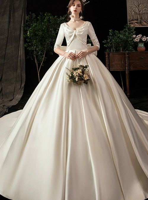 Ivory Ball Gown Satin V-neck Half Sleeve Wedding Dress With Bow