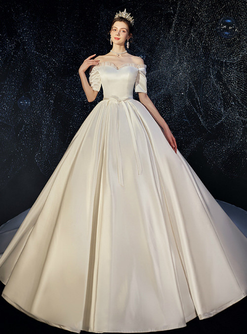 Ivory White Ball Gown Satin Off the Shoulder Short Sleeve Wedding Dress ...