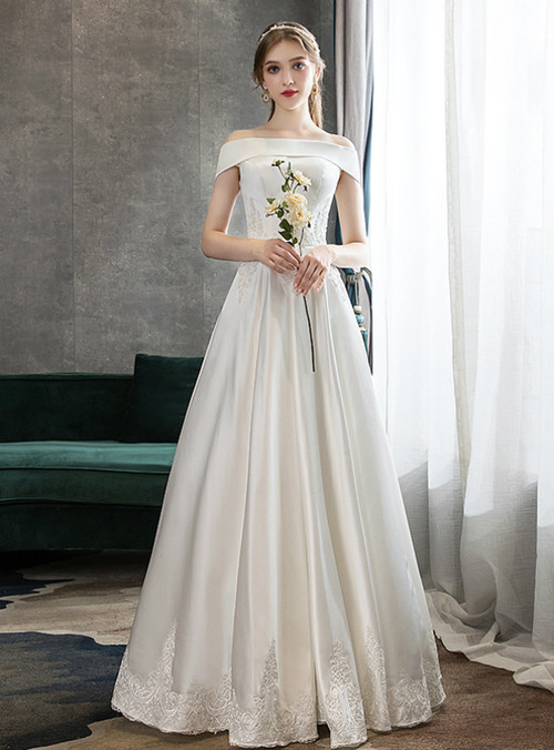 A-Line White Satin Off the Shoulder Lace Appliques Wedding Dress