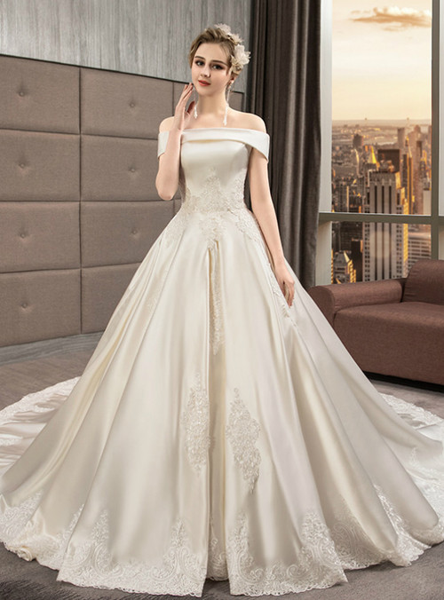 Ivory White Satin Ball Gown Off the Shoulder Appliques Wedding Dress