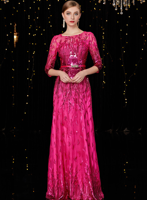 A-Line Fuchsia Tulle Sequins 3/4 Short Sleeve Mother of the Bride ...