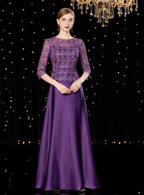 A-Line Purple Satin Half Sleeve Long Mother of the Bride Dress