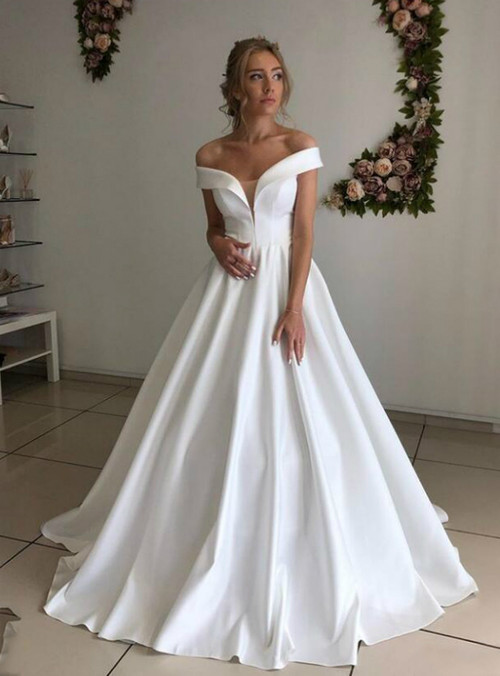 A-Line White Satin Off the Shoulder Formal Wedding Dress