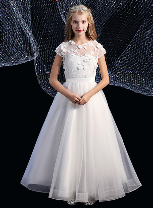 A-Line White Tulle Appliques Cap Sleeve Flower Girl Dress