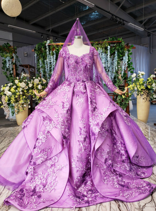 Purple Ball Gown Satin Appliques Square Long Sleeve Beading Wedding Dress