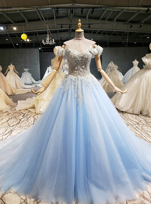 Sky Blue Tulle Off the Shoulder Beading Sequins Wedding Dress