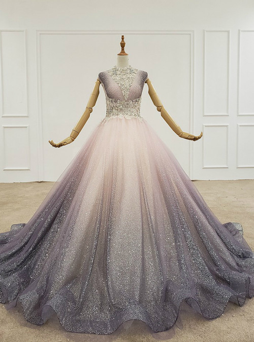 Light Purple Ball Gown Tulle Sequins Pleats Wedding Dress With Beading ...