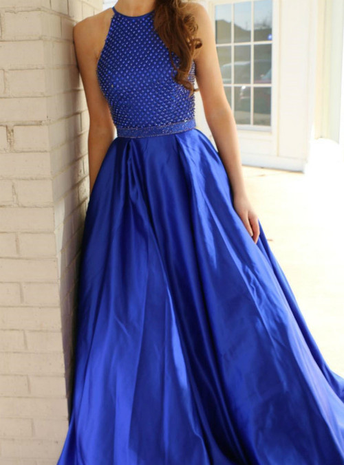 A-Line Royal Blue Satin Halter Beading Prom Dress With Pocket