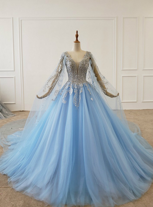 Light Blue Tulle V-neck See Through Back Beading Sequins Wedding Dress