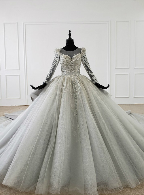Gray Ball Gown Tulle Seuqins Beading Long Sleeve Wedding Dress With ...