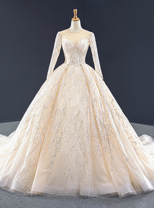 Ball Gown Scalloped Champagne Satin Prom Dress with Lace Long Sleeves LBQ0218