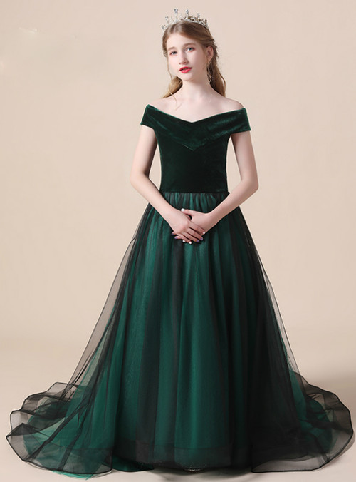 Dark Green Tulle Velvet Off the Shoulder Flower Girl Dress