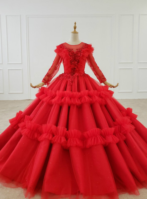 Red Tulle Ball Gown with Lace Appliques and Beaded Bow main image 1
