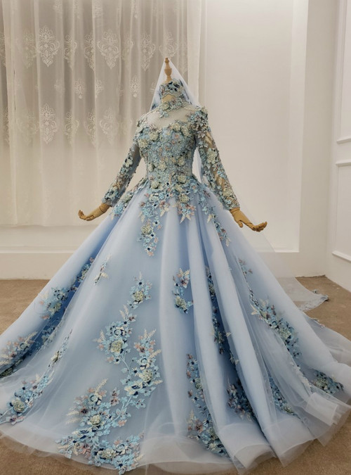 Blue Ball Gown Tulle High Neck Long Sleeve Appliques Beading Wedding ...