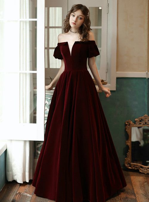A-Line Burgundy Velvet Off the Shoulder Long Prom Dress With Pocket 2020