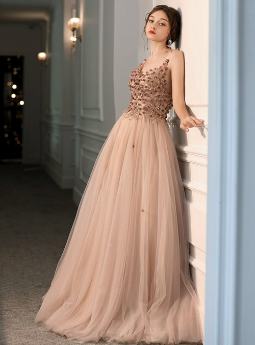 TULLE SPAGHETTI STRAPS 3D FLOWERS BEADING CORAL A-LINE PROM DRESS,DS2984