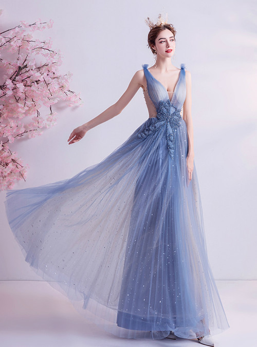 Blue Strapless V-Neck Appliques Pleats Fitted Long Prom Dress
