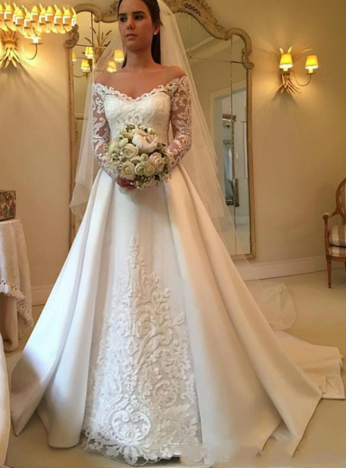 A-Line White Satin Off the Shoulder Long Sleeve Appliques Wedding Dress ...