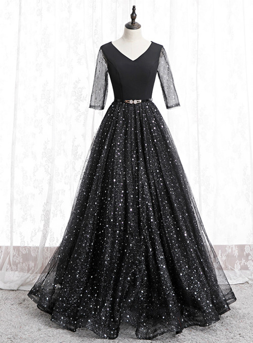 A-line Black Tulle and Velvet Short Sleeves Prom Dress