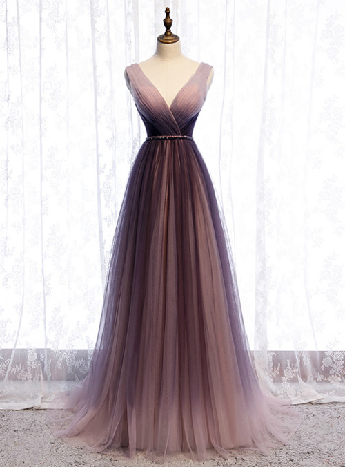 Purple Tulle V Neck Lace Floral A Line Long Prom Dress Open Back Formal Dress Evening Dress main image 0