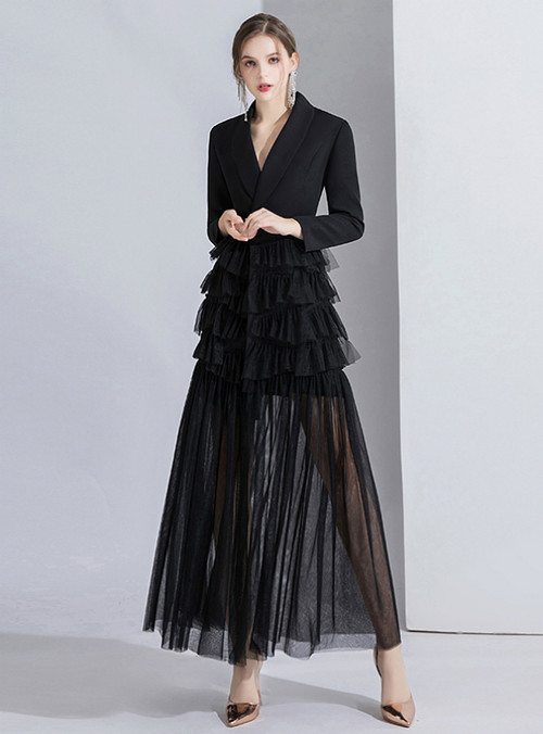 Black Suit Long Sleeve Tulle V-neck Evening Dress 2020