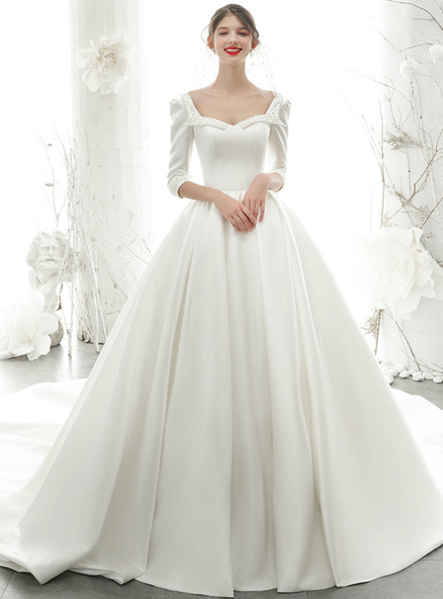White Ball Gown Satin Square 3/4 Sleeve Wedding Dress With Pearls 2020