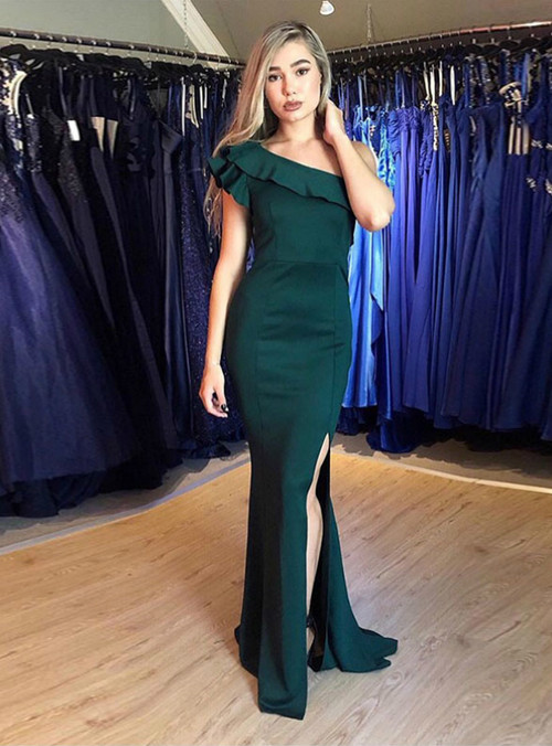 Green Mermaid Satin One Shoulder Prom Dress With Side Split 2020