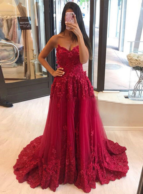 Burgundy Tulle Sweetheart Appliques Long Prom Dress 2020