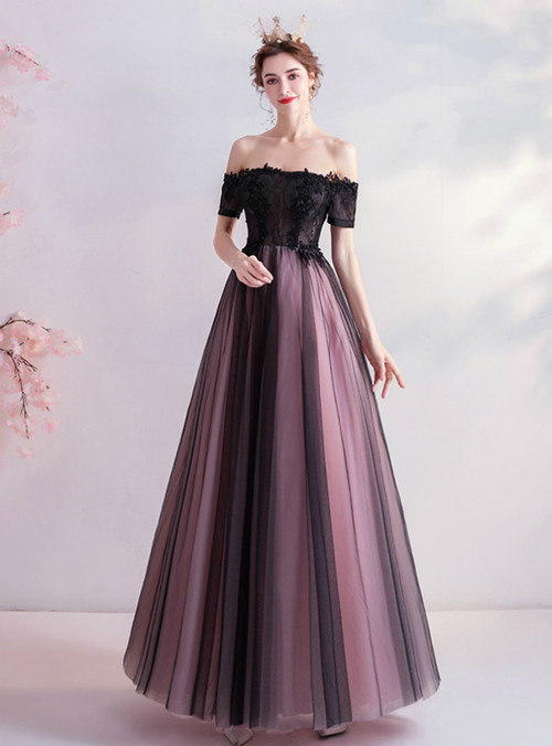 Off shoulder Appliques Tulle Two Piece Sleeveless Black Prom Dress MP738