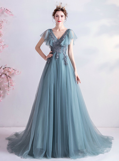 In Stock:Ship in 48 Hours Blue Tulle Appliques V-neck Prom Dress 2020