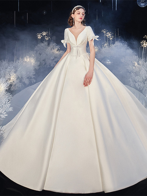 Shop 2020 Short Sleeves V Neck Satin Sweep Train Beading Wedding Dress ...